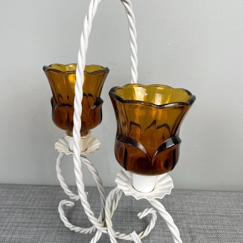 VTG Cottagecore Boho‎ White Twisted Metal Amber Glass Candle Holder Centerpiece